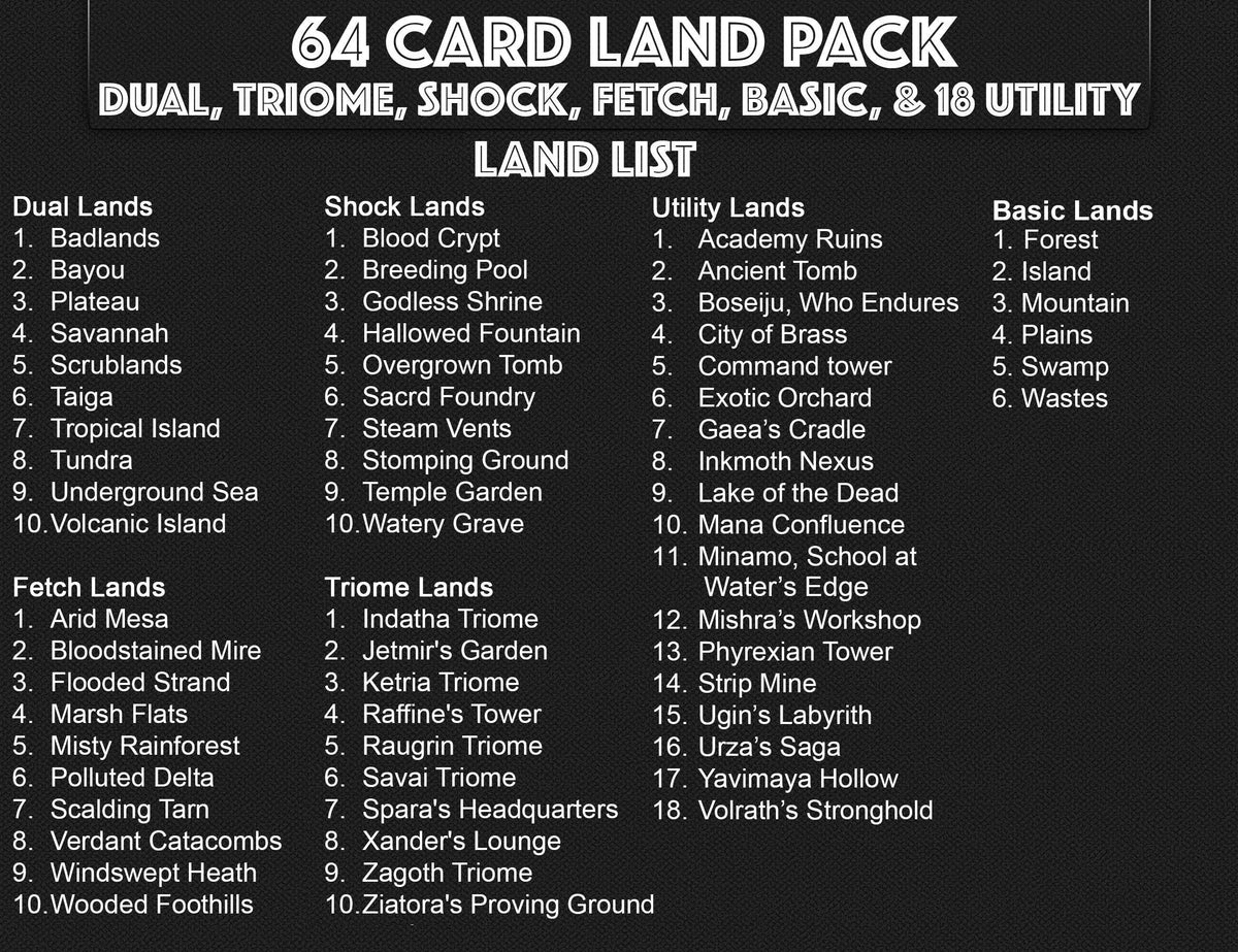64 Custom Land Pack Dual, Fetch, Shock, Basic, Utility Lands Styles Premium Proxies