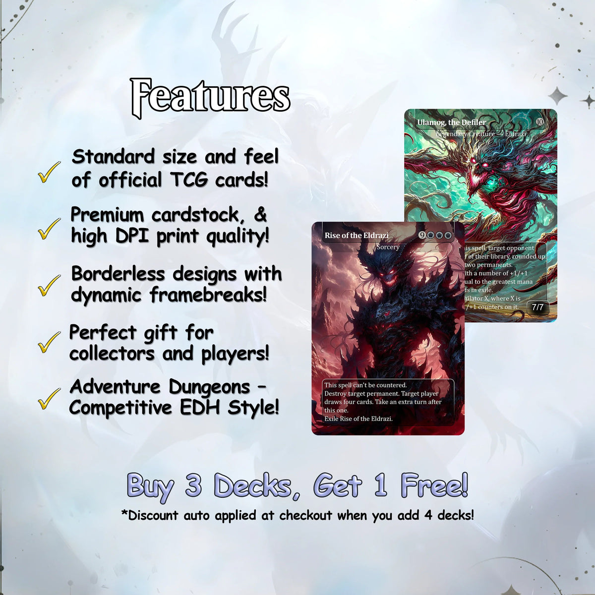Eldrazi, totaling 108 Proxies, three commanders Ulalek, Azlask, and Zhulodock, Bonus Lands